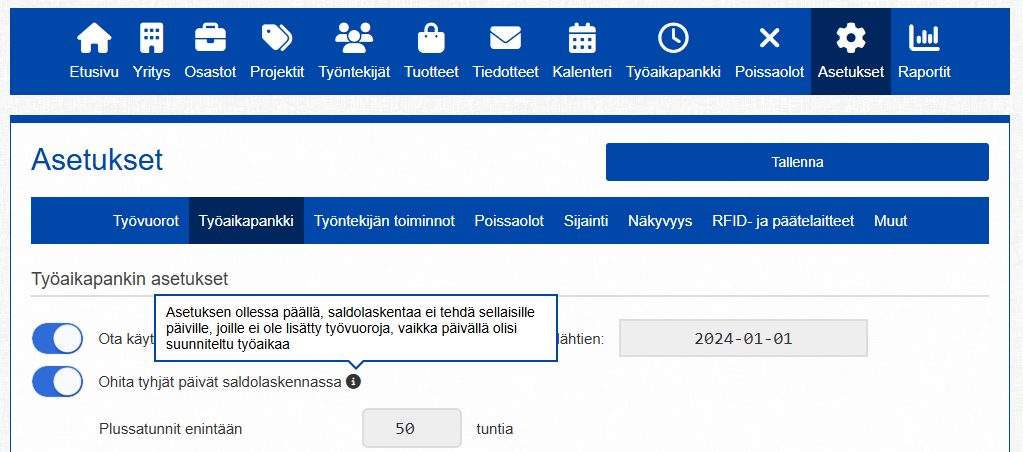 Ohita tyhjät päivät saldolaskennassa -asetus